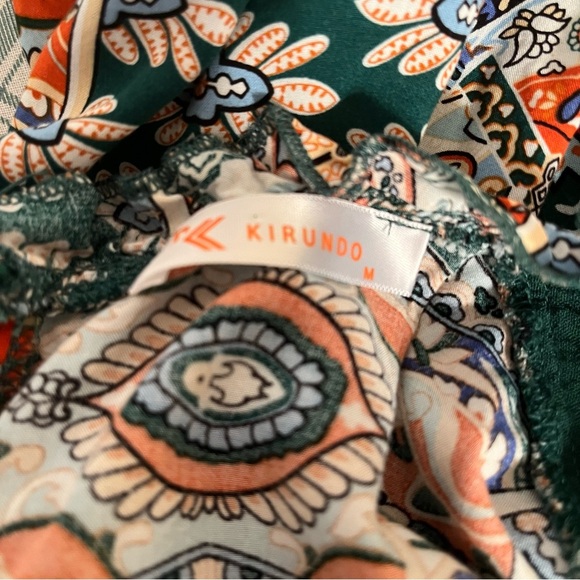 Kirundo Boho Floral Green and Orange Ruffle Sleeve Flowy Mini Dress Size Medium - Picture 14 of 16